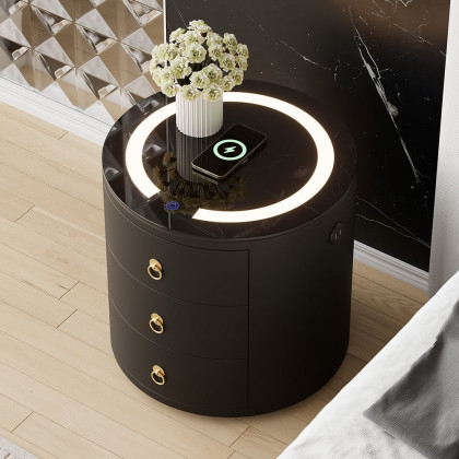 HMR Leather 3-Drawer Smart Nightstand with Light & Speaker - Black, Single