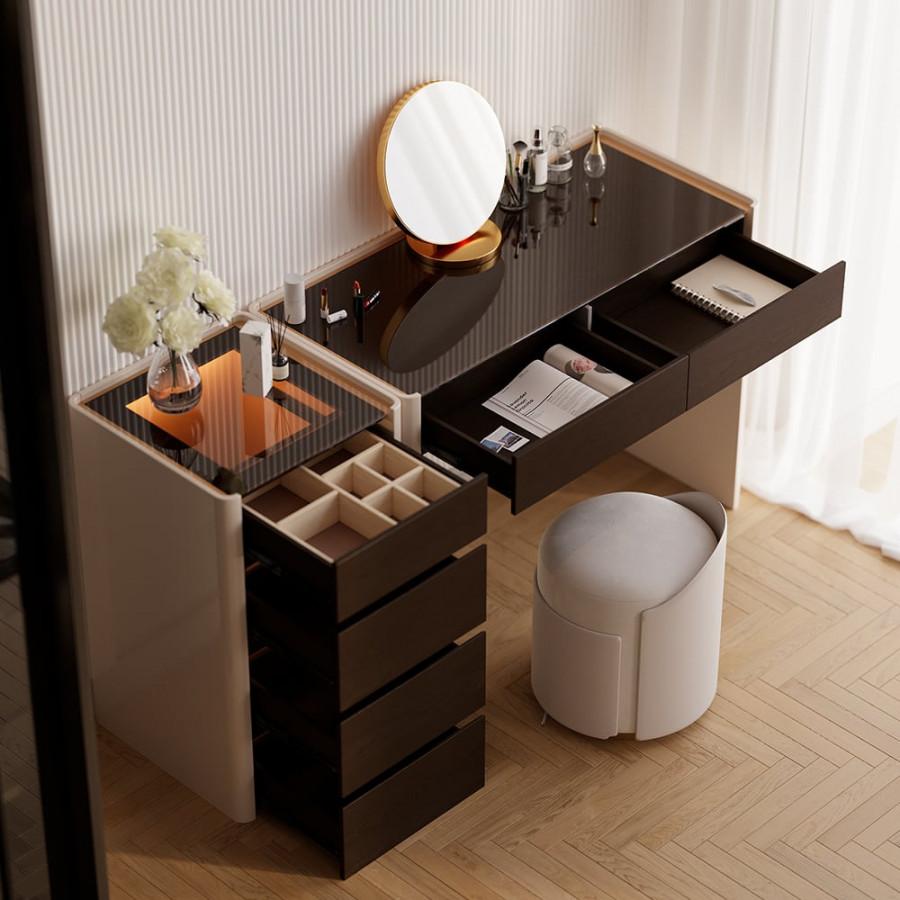 HMR - Modern Walnut Makeup Vanity with Light Dressing Table with Jewelry Storage & Cabinet