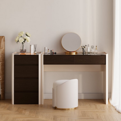 HMR - Modern Walnut Makeup Vanity with Light Dressing Table with Jewelry Storage & Cabinet