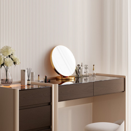 HMR - Modern Walnut Makeup Vanity with Light Dressing Table with Jewelry Storage & Cabinet