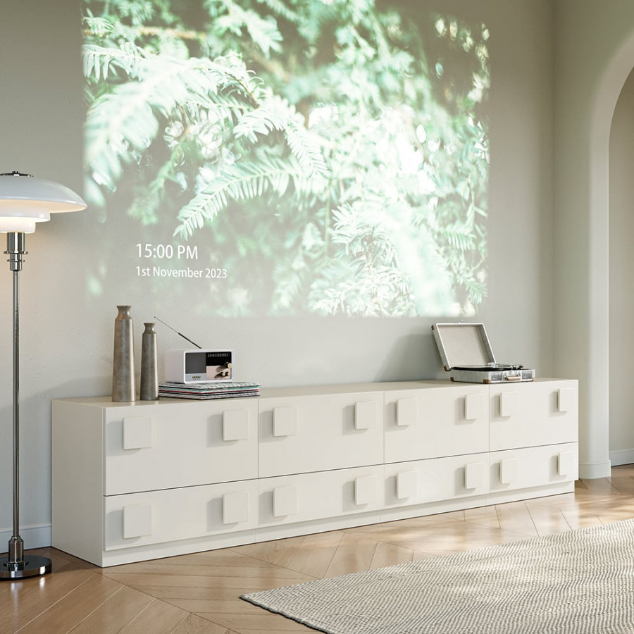 HMR - Modern White Wood TV Stand with 4 Drawer Convert to Tall Media Cabinet for 80" TVs