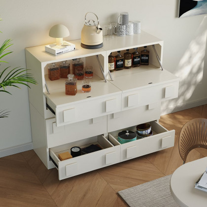 HMR - Modern White Wood TV Stand with 4 Drawer Convert to Tall Media Cabinet for 80" TVs