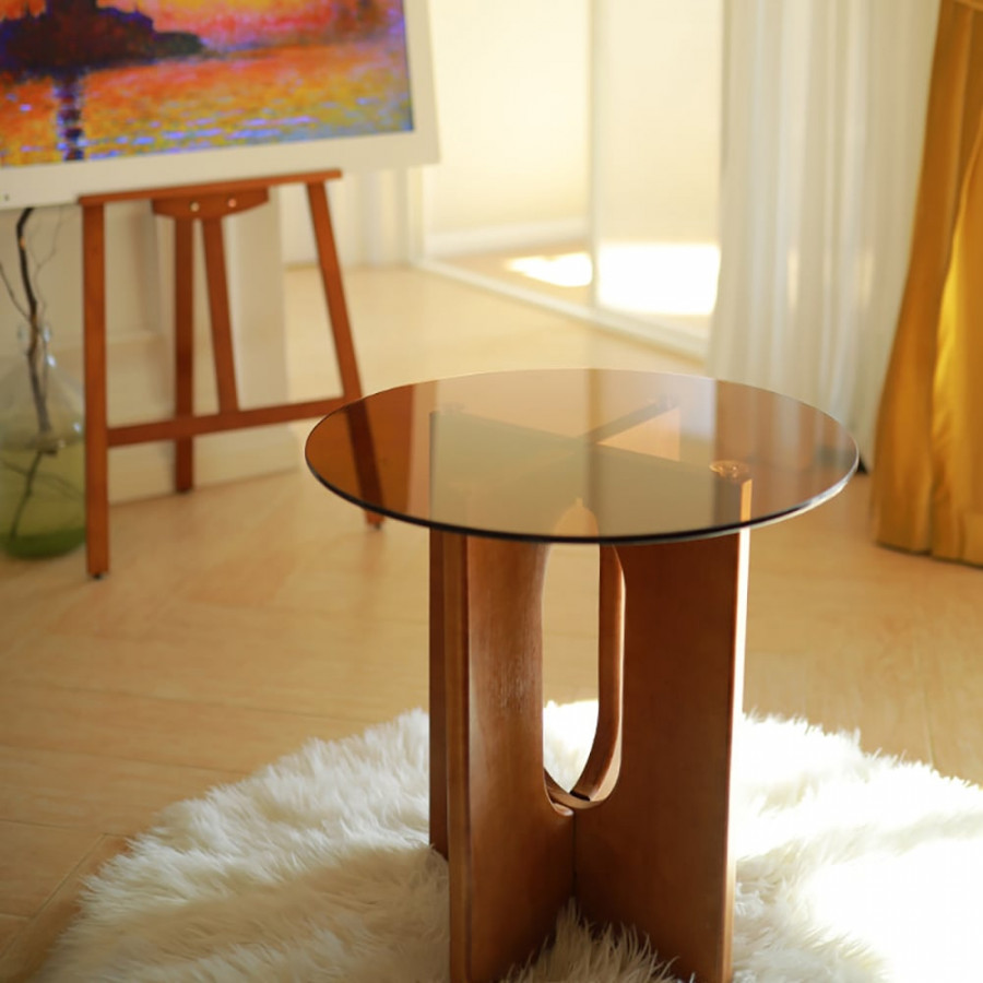 HMR - Tea Tempered Glass End Table Solid Wood Side Table