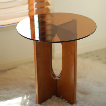 HMR - Tea Tempered Glass End Table Solid Wood Side Table