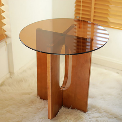 HMR - Tea Tempered Glass End Table Solid Wood Side Table