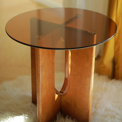 HMR - Tea Tempered Glass End Table Solid Wood Side Table