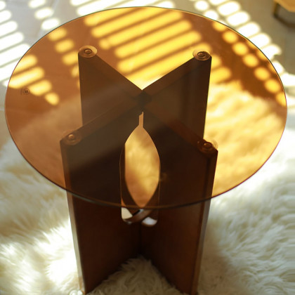 HMR - Tea Tempered Glass End Table Solid Wood Side Table