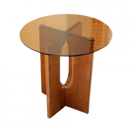 HMR - Tea Tempered Glass End Table Solid Wood Side Table