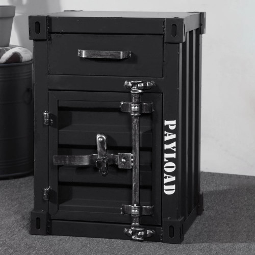 HMR Ctainer Industrial Nightstand Retro Bedside Storage Cabinet with Door & Drawer - Black