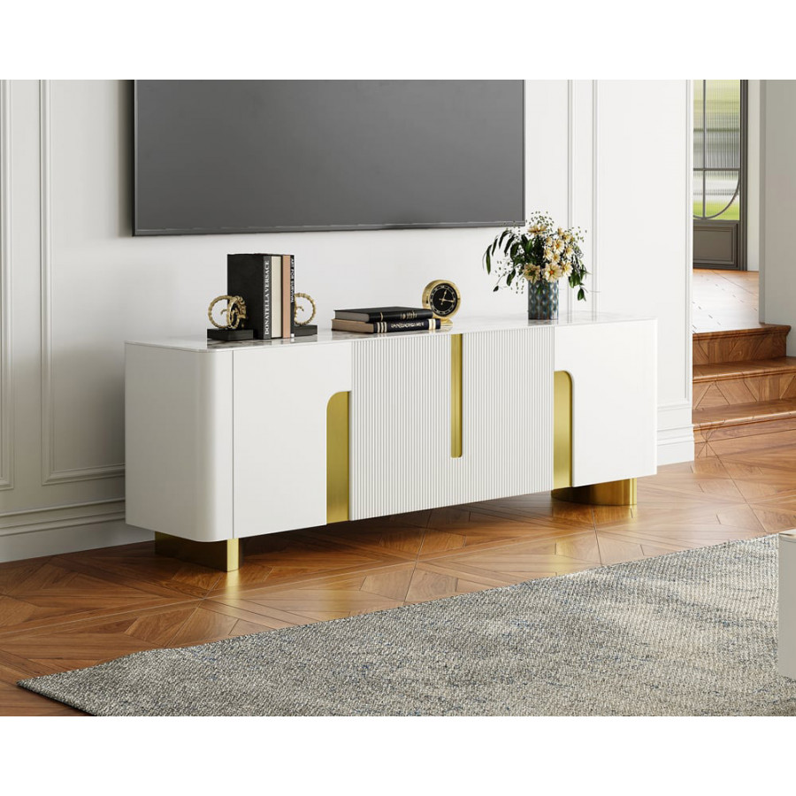HMR Artus Modern TV Stand Stone Top 4 Doors with Storage Media Console - Beige, 80"W x 18"D x 26.5"H