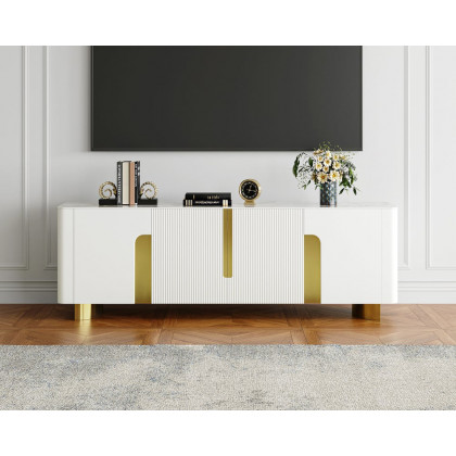 HMR Artus Modern TV Stand Stone Top 4 Doors with Storage Media Console - Beige, 80"W x 18"D x 26.5"H