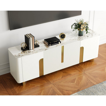 HMR Artus Modern TV Stand Stone Top 4 Doors with Storage Media Console - Beige, 80"W x 18"D x 26.5"H