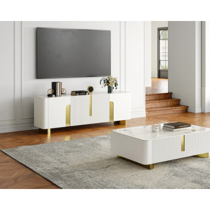 HMR Artus Modern TV Stand Stone Top 4 Doors with Storage Media Console - Beige, 80"W x 18"D x 26.5"H