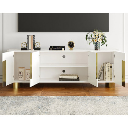 HMR Artus Modern TV Stand Stone Top 4 Doors with Storage Media Console - Beige, 80"W x 18"D x 26.5"H