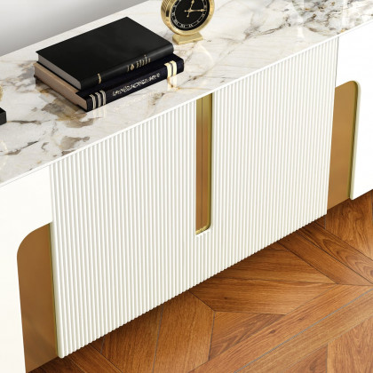 HMR Artus Modern TV Stand Stone Top 4 Doors with Storage Media Console - Beige, 80"W x 18"D x 26.5"H
