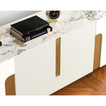 HMR Artus Modern TV Stand Stone Top 4 Doors with Storage Media Console - Beige, 80"W x 18"D x 26.5"H