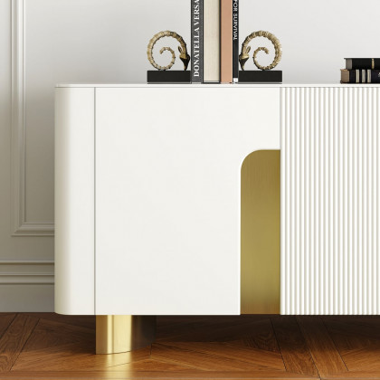 HMR Artus Modern TV Stand Stone Top 4 Doors with Storage Media Console - Beige, 80"W x 18"D x 26.5"H
