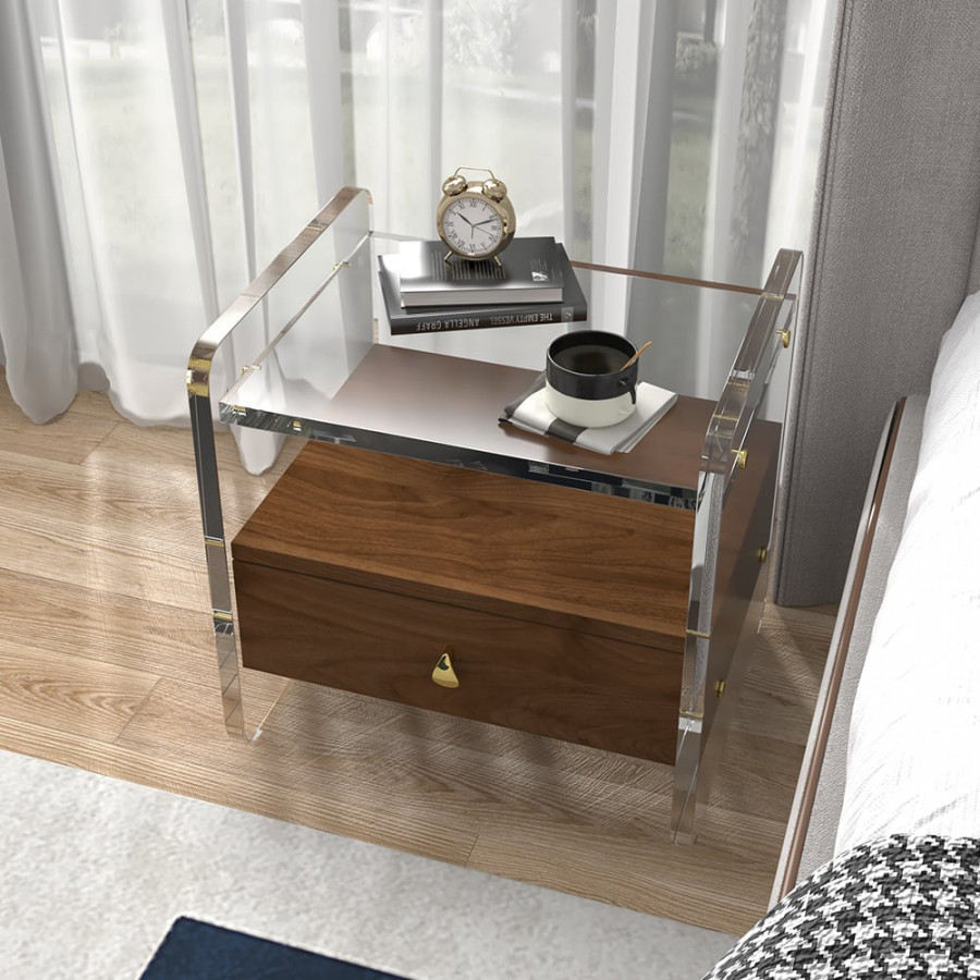 HMR - Modern Clear Acrylic Wood Nightstand with Storage & Shelf for Bedroom