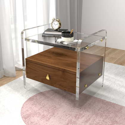 HMR - Modern Clear Acrylic Wood Nightstand with Storage & Shelf for Bedroom