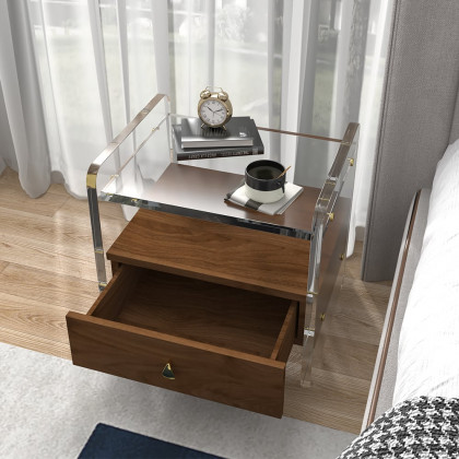 HMR - Modern Clear Acrylic Wood Nightstand with Storage & Shelf for Bedroom