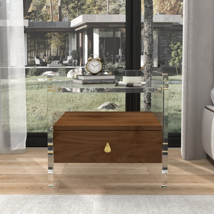 HMR - Modern Clear Acrylic Wood Nightstand with Storage & Shelf for Bedroom
