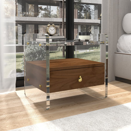 HMR - Modern Clear Acrylic Wood Nightstand with Storage & Shelf for Bedroom