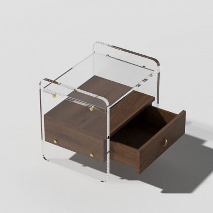 HMR - Modern Clear Acrylic Wood Nightstand with Storage & Shelf for Bedroom