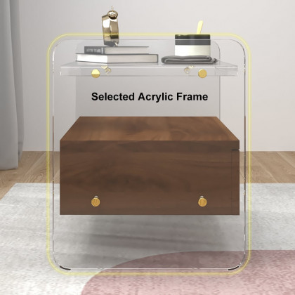 HMR - Modern Clear Acrylic Wood Nightstand with Storage & Shelf for Bedroom