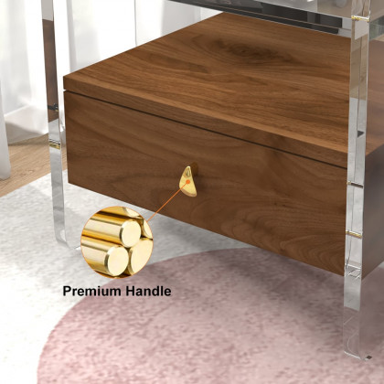 HMR - Modern Clear Acrylic Wood Nightstand with Storage & Shelf for Bedroom