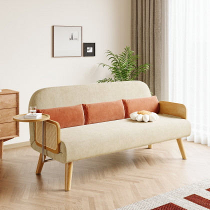 HMR - Velvet & Rattan Sleeper Sofa with Tray