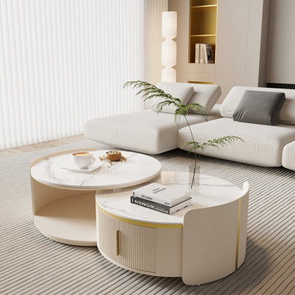 HMR - Round Modern Sintered Stone Top Nesting Coffee Table Fluted with Drawer in Off White