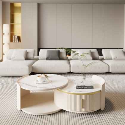 HMR - Round Modern Sintered Stone Top Nesting Coffee Table Fluted with Drawer in Off White