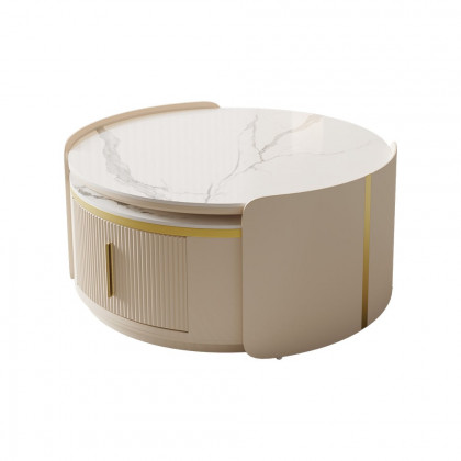 HMR - Round Modern Sintered Stone Top Nesting Coffee Table Fluted with Drawer in Off White