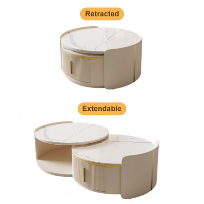 HMR - Round Modern Sintered Stone Top Nesting Coffee Table Fluted with Drawer in Off White