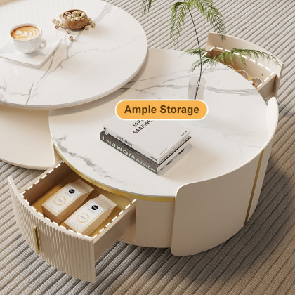 HMR - Round Modern Sintered Stone Top Nesting Coffee Table Fluted with Drawer in Off White
