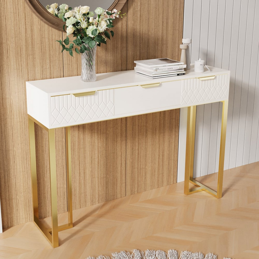 HMR - Aro 47.2" White & Gold Modern Console Table Rectangular Accent Table Entryway Drawers