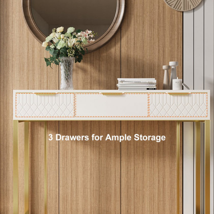 HMR - Aro 47.2" White & Gold Modern Console Table Rectangular Accent Table Entryway Drawers