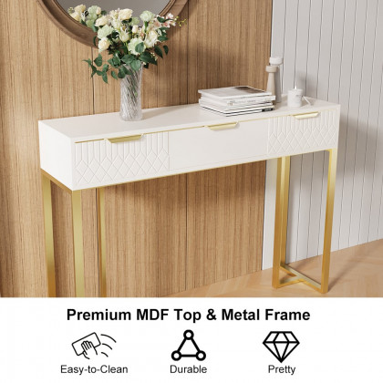 HMR - Aro 47.2" White & Gold Modern Console Table Rectangular Accent Table Entryway Drawers