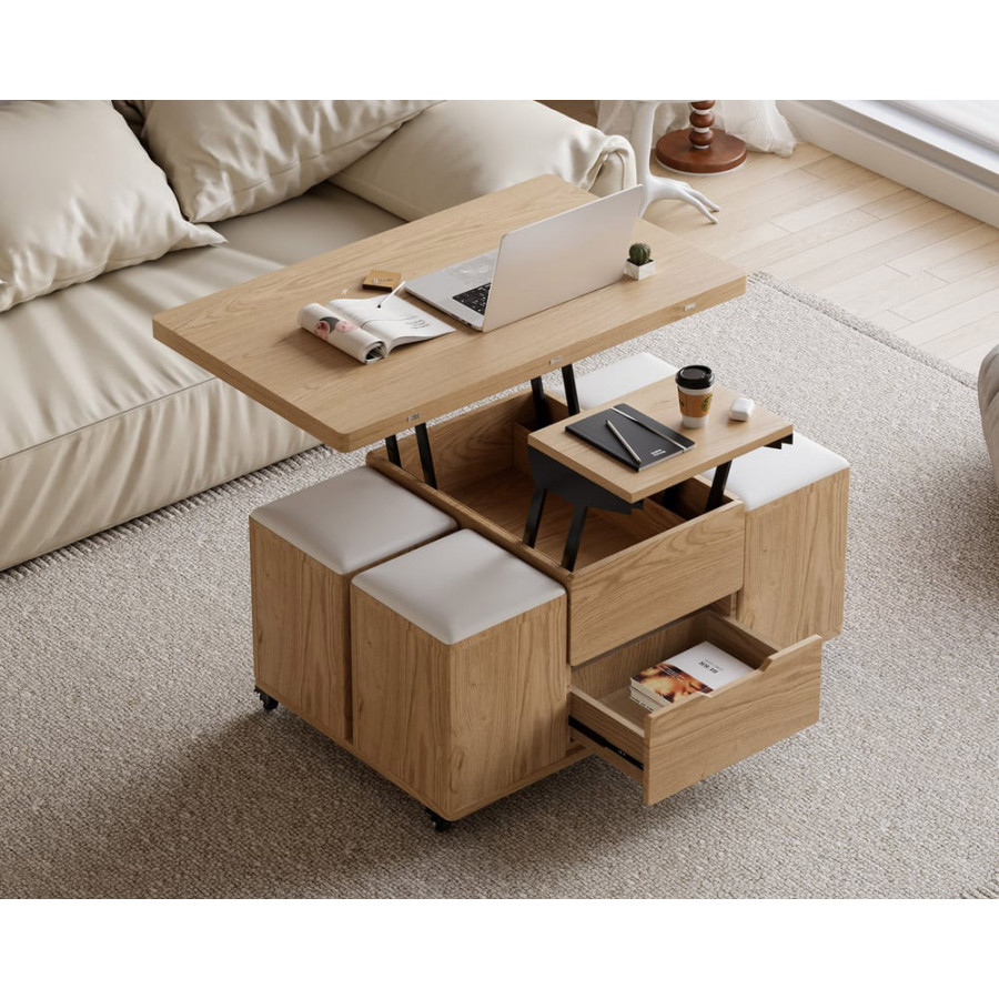 HMR 39" Lift-Top Foldable Coffee Table with 4 Stools & Storage - Natural