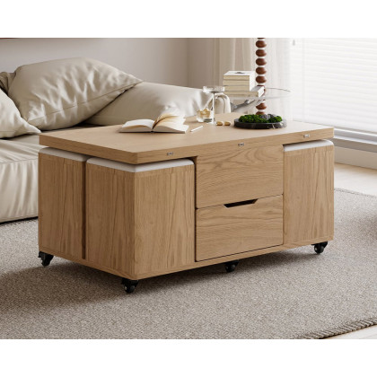 HMR 39" Lift-Top Foldable Coffee Table with 4 Stools & Storage - Natural