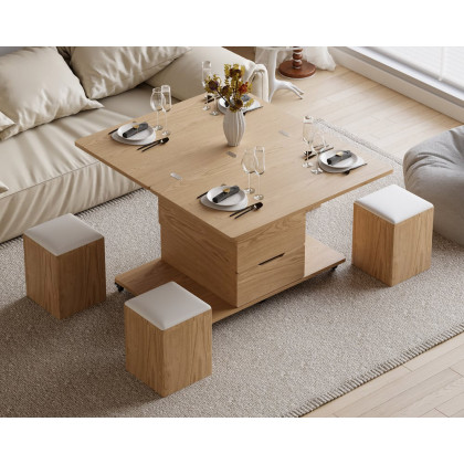 HMR 39" Lift-Top Foldable Coffee Table with 4 Stools & Storage - Natural