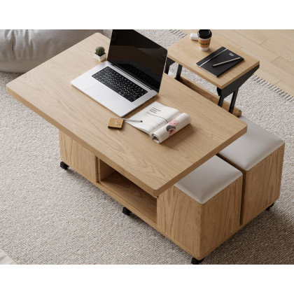 HMR 39" Lift-Top Foldable Coffee Table with 4 Stools & Storage - Natural