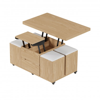 HMR 39" Lift-Top Foldable Coffee Table with 4 Stools & Storage - Natural