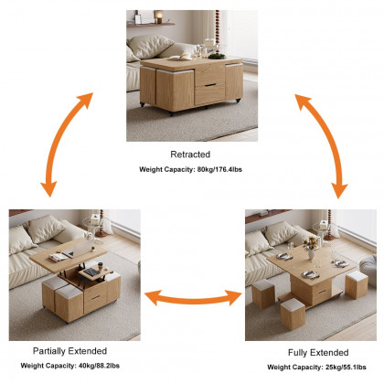 HMR 39" Lift-Top Foldable Coffee Table with 4 Stools & Storage - Natural