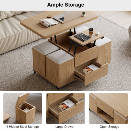 HMR 39" Lift-Top Foldable Coffee Table with 4 Stools & Storage - Natural