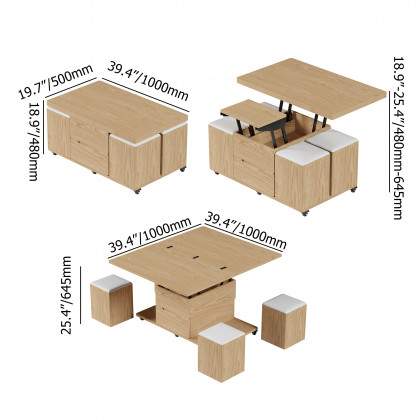 HMR 39" Lift-Top Foldable Coffee Table with 4 Stools & Storage - Natural