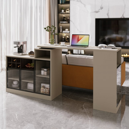 HMR - 57"-82" Sofa Bar Table Khaki Storage Cabinet Rotatable Behind Couch Pub Table