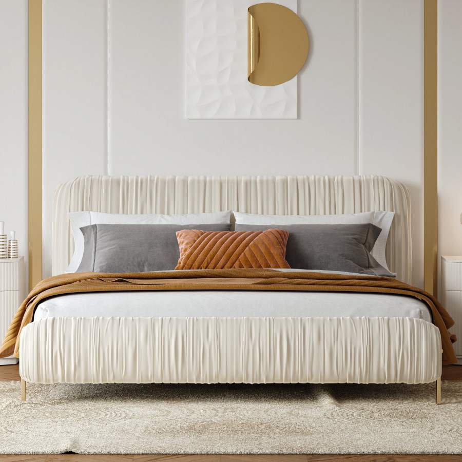 HMR - King Size Velvet Ruched Upholstered Bed Frame with Light & Charging Station