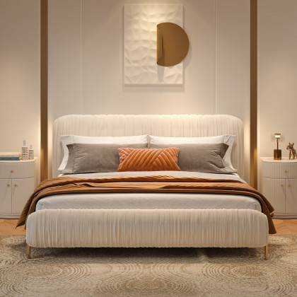 HMR - King Size Velvet Ruched Upholstered Bed Frame with Light & Charging Station