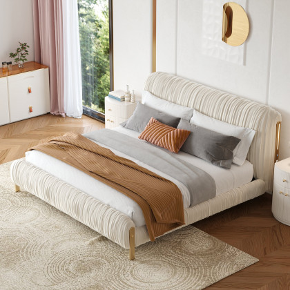 HMR - King Size Velvet Ruched Upholstered Bed Frame with Light & Charging Station